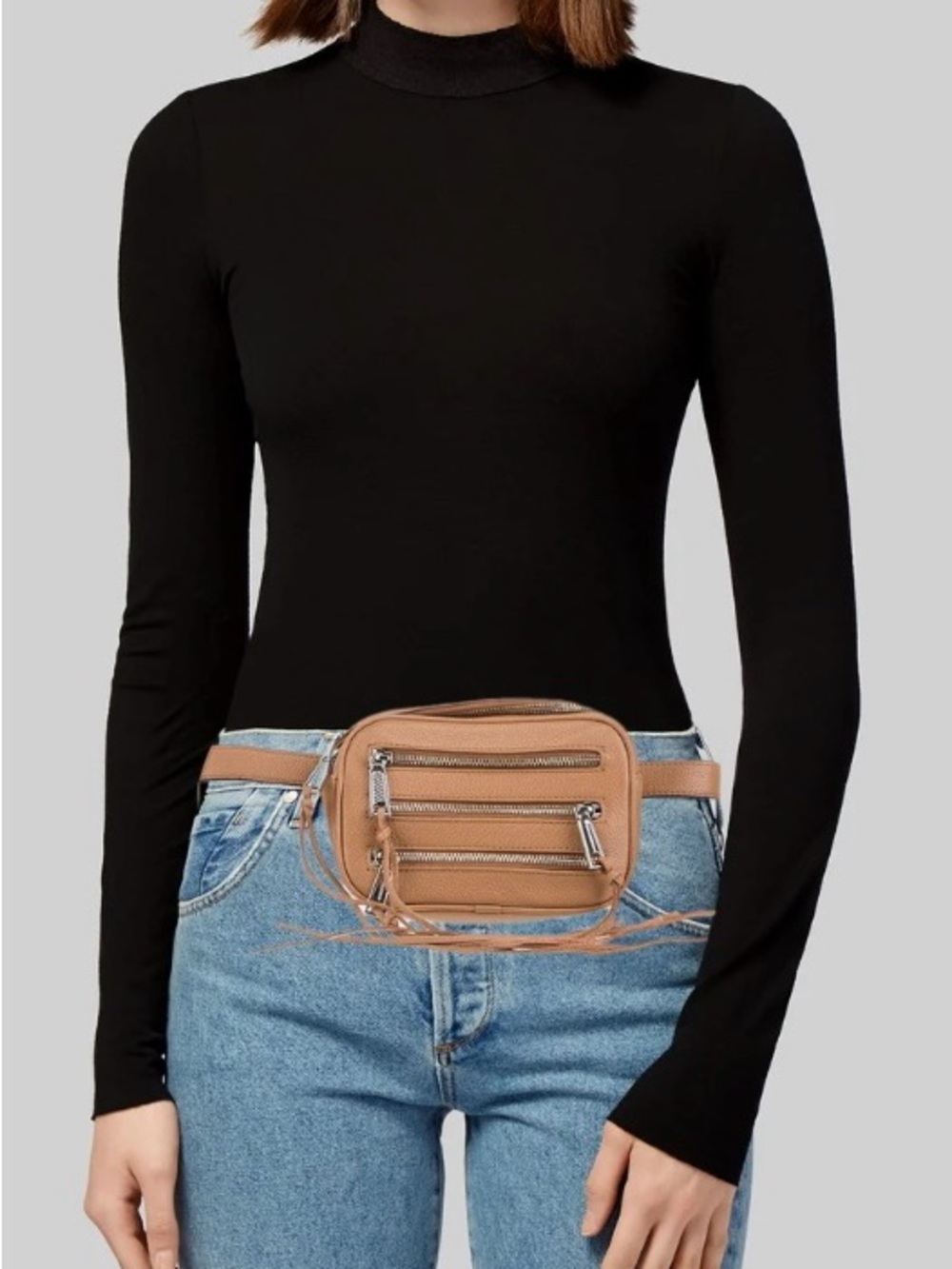 Rebecca Minkoff Tan Leather Crossbody Belt Bag with Front Zip Pockets